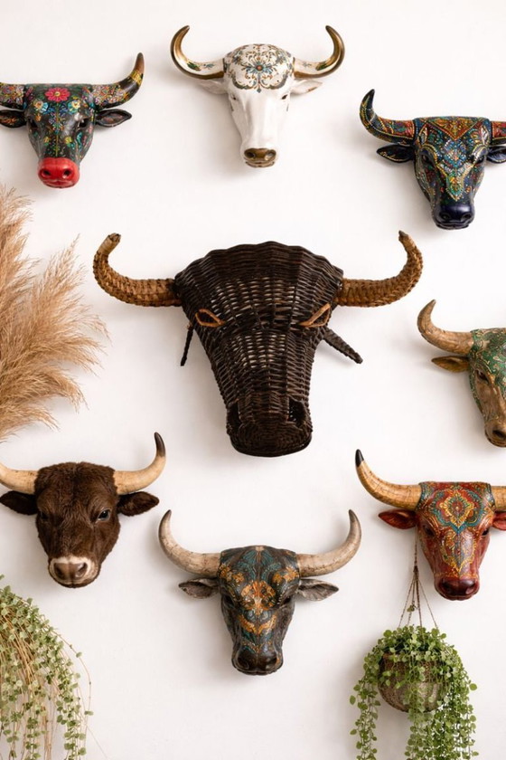 Image 1 of Vintage Wicker Bull’s Head Sculpture Wall art Wicker Collector 1950s France Picasso collection black toro