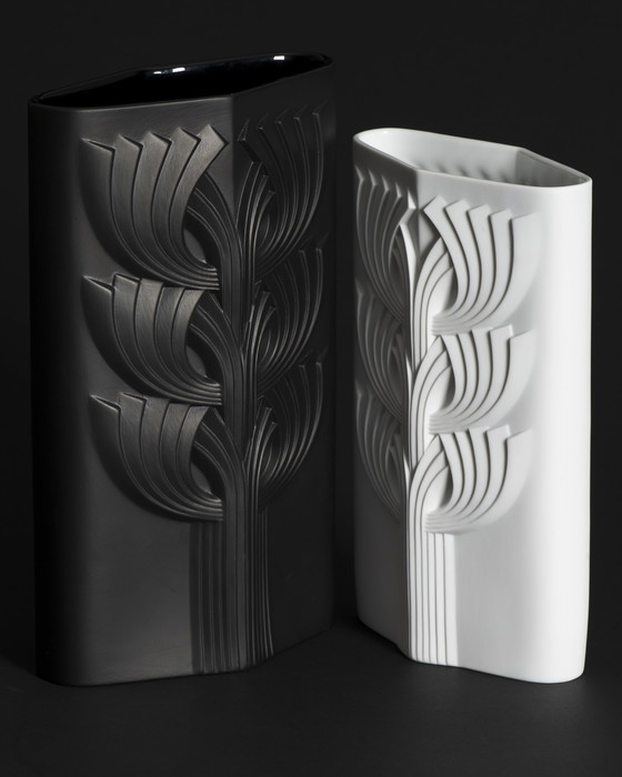 Image 1 of Rosenthal Rosemonde Nairac Bisque Porcelaine Vase Duo Tree Of Life Op-Art Noir & Blanc