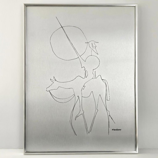 Vintage brushed steel picture, 1970s, Don Quixote, 70s Space Age, 1970s