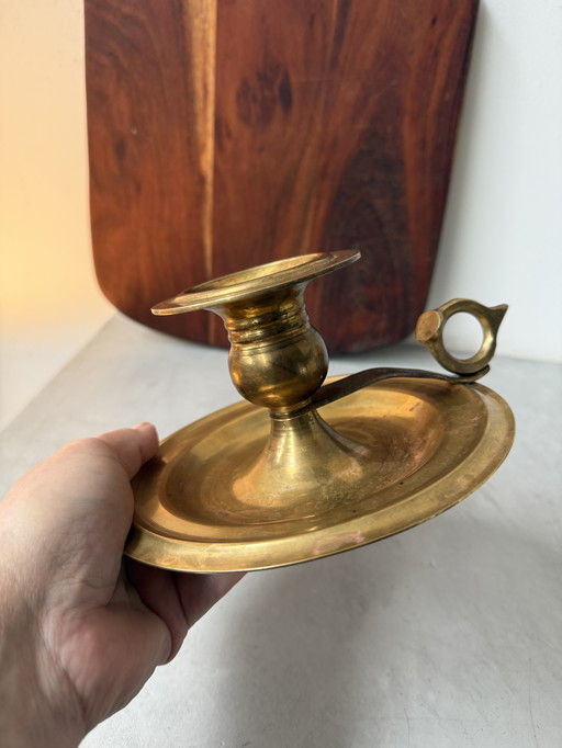 Heavy vintage brass candlestick with handle – classic model
