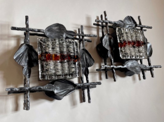 Image 1 of Pair of Brutalist wall sconces – Hand-Forged iron with Artistic glass – Italy 1960s–70s