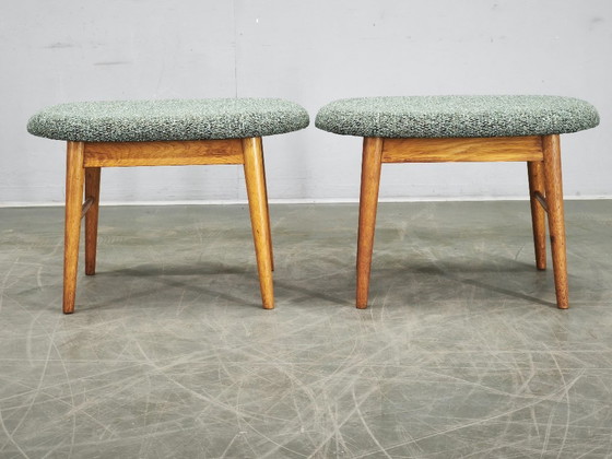 Pair of Mid-Century Modern Oak Stools, Newly Upholstered, 1960s, Textile, Wood, Green, Mid Century Modern (photo 6 of 8)