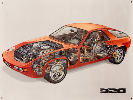Porsche 928 Rot, Schnittzeichnung – Originales Vintage-Porsche-Poster aus den 1980er Jahren – Automobilkunst – 76 x 102 cm