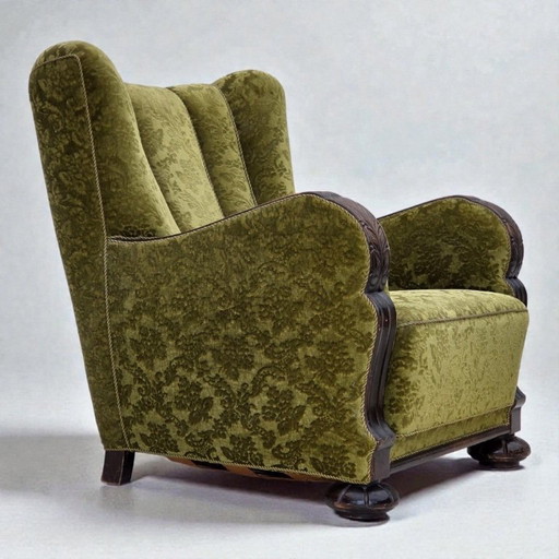 Fauteuil relax danois des années 1950, revêtement en velours, bois de chêne.