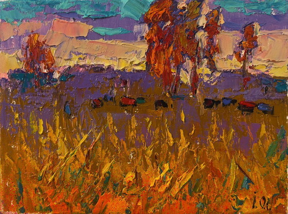 Image 1 of Original Oil Painting Autumn Nature Landscape Night on the Field