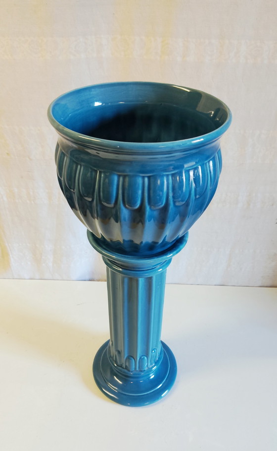 Kolom en wasbak in art-decostijl van blauw geglazuurd keramiek - midden 20e eeuw – Plantenbak, Ceramic (photo 6 of 10)