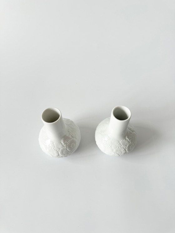 Image 1 of Thomas Vase, Set of 2, Blütenfest (Flower Festival), Porcelain, Relief Decor, Floral Relief, Rosenthal, Op Art, Mid Century Mode
