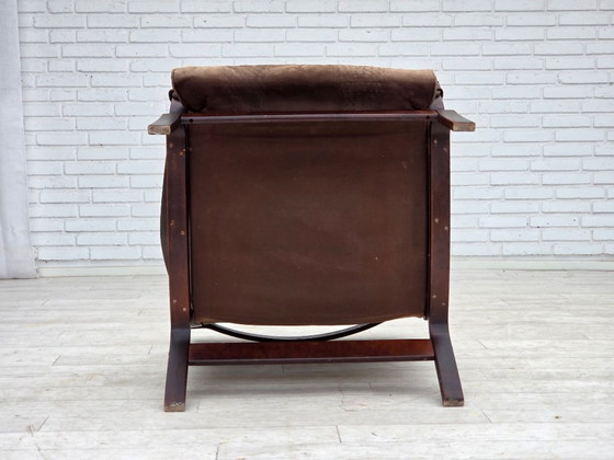 Image 1 of 1970s, Scandinavian lounge chair, nubuck leather, canvas, beech wood.