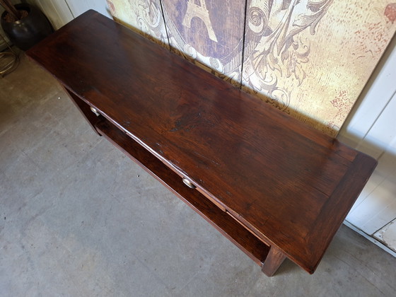 Image 1 of Low teak side table, console table. Console TV unit dimensions: 142x40cm and 60cm high.