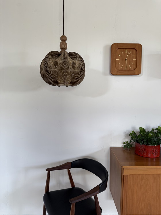 Image 1 of Vintage Danish pendant lamp in glass, wool & wood ‘60s