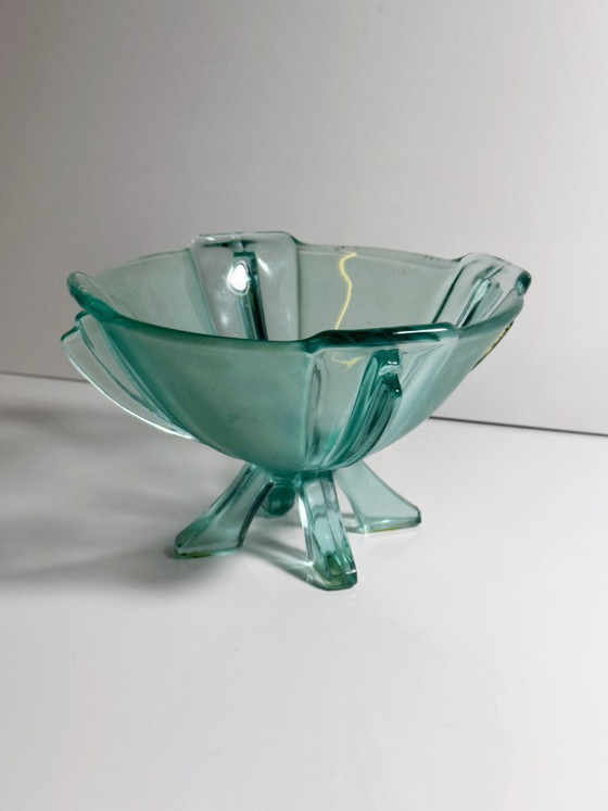 Image 1 of Coupe sur pied Art Déco vintage, Stölzle, verre turquoise, vert d'eau et aigue-marine, années 1930, Autriche