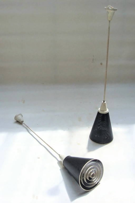 Raro set di 2 lampade a sospensione in metallo Hiemstra Perfolux degli anni '50