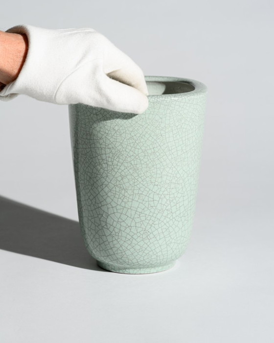 Image 1 of Karlsruher Majolika Modèle 5766 Craquelé Celadon Vase Fridegart Glatzle, Allemagne