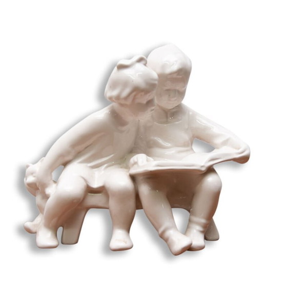 Image 1 of Vintage ceramic sculpture children with a book by Keramia Znojmo, Czechoslovakia 1950