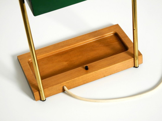 Image 1 of Original large 1960s Temde table lamp with a brass frame, teak base, and green lampshade