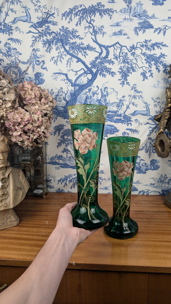 Image 1 of Coppia di vasi in vetro smaltato verde con fiori Art Nouveau di Legras-Montjoye