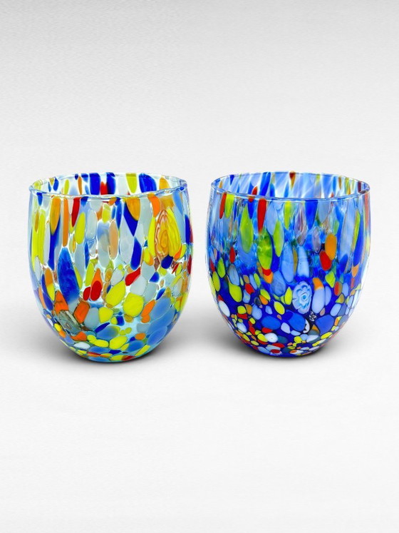 Image 1 of Set di 7 bicchieri in vetro soffiato veneziano con murrine Effetre Murano fuse nel vetro, hand made in italy.