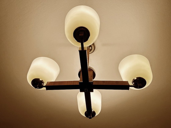 Image 1 of Lampe pendante Art Déco en bois et verre chromé