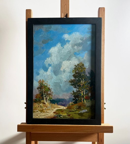 Dipinto ad olio originale, Paesaggio in giornata di campo, Nel cuore della foresta