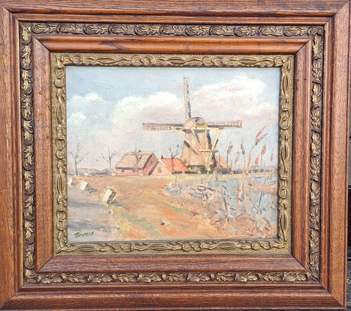 Painting of a Dutch landscape with a mill
