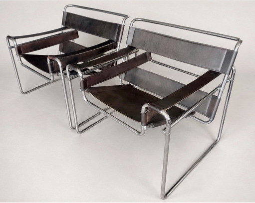 2 sillas Wassily vintage, Marcel Breuer para Fasem – fauteuils, Chrome, Leather