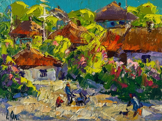 Image 1 of Original Oil Painting Summer Village Landscape Bloom and light between buildings