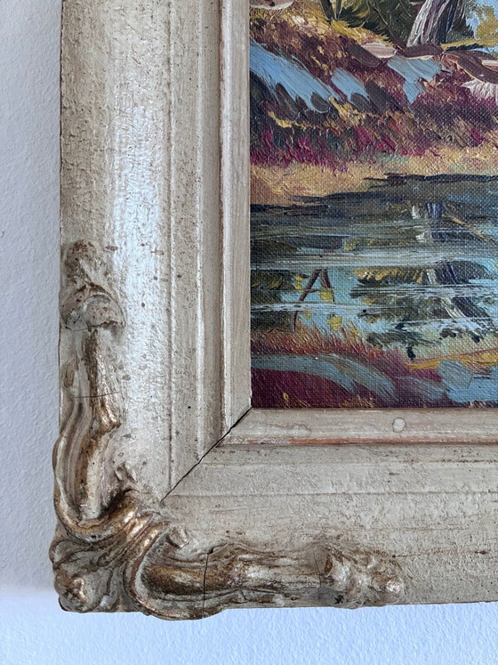 Image 1 of Peinture à l'huile originale vintage représentant un paysage de montagne et de rivière, encadrée