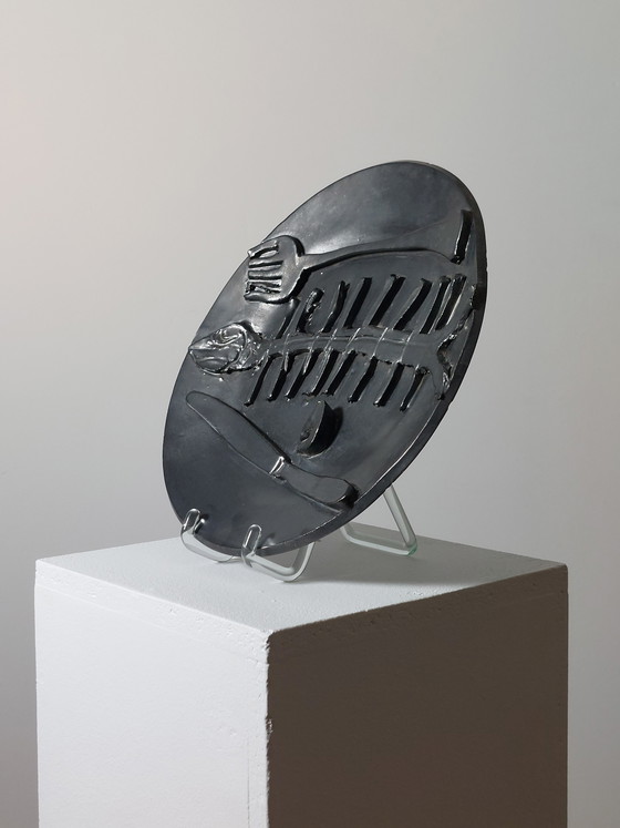 Image 1 of Brutalist Mid Century Vanitas Ceramic Plate with Silver Oxide Glaze