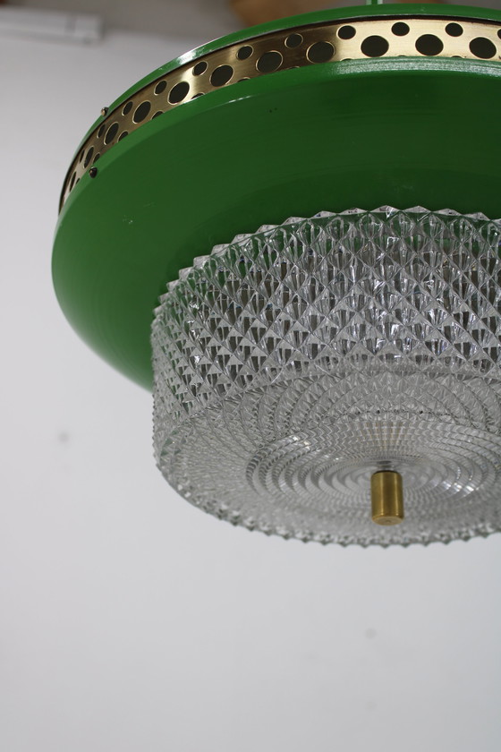 Image 1 of Lampada a sospensione vintage Space Age in metallo verde e ottone per Ludib Bratislava, Cecoslovacchia 1970