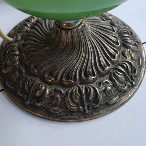 Image 1 of Vintage Green Opaline Table Lamp with Etched Frosted Glass Shade – Electric Oil Lamp Style – 30 cm
