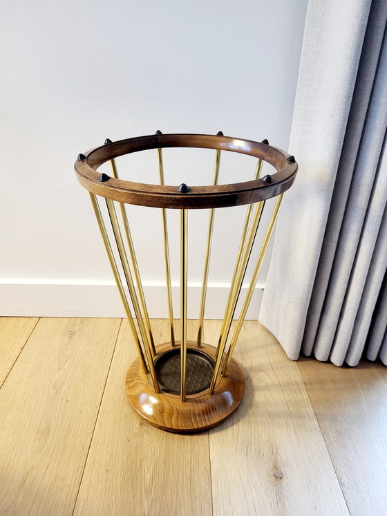Image 1 of Umbrella Tray, Wood with Brass Finish, Supposedly Years 1950s