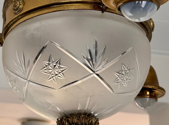 Antique Art Deco Pendant Lamp Brass with Cut Glass 3 Arms and 4 Light Points (photo 5 of 5)