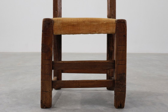 Image 1 of Sedia laterale spagnola in rovere intagliata a mano del XIX secolo con seduta in velluto