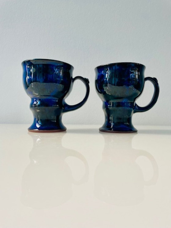 Image 1 of Servizio da tè scandinavo in ceramica blu cobalto: brocca e 2 tazze.