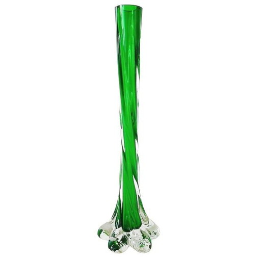 Vintage mid-century twisted green glass vase with twisted stem 1950s