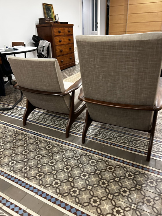 Image 1 of Set 2 vintage Deens design fauteuils uit de jaren ’60  Teakhout. Dames en herenmodel. Opnieuw gestoffeerd.