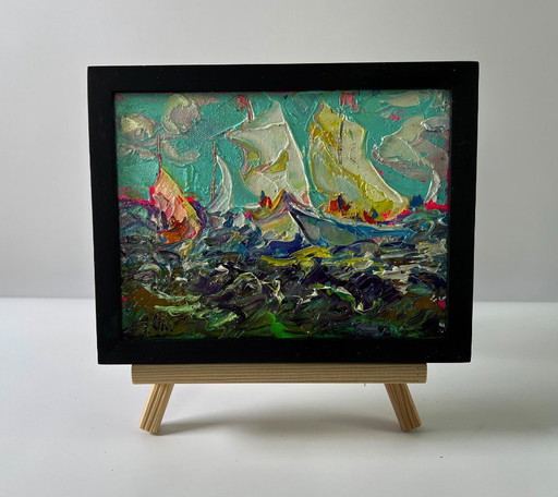 Original Oil Painting Gloomy Waves Landscape Sailboats On The Sea – schilderijen tekeningen, Canvas
