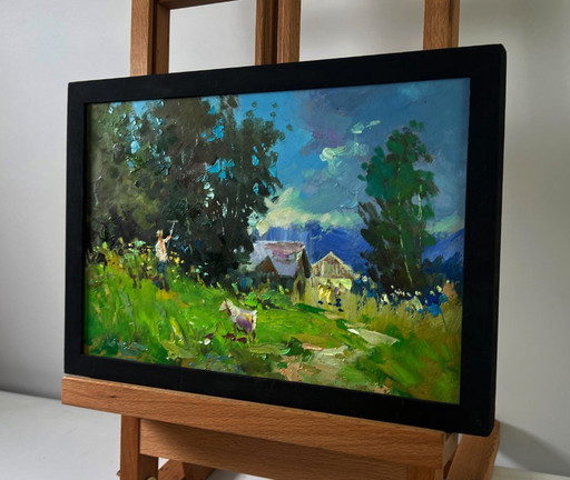 Original Oil Painting Summer Nature Landscape The village beyond the forest
