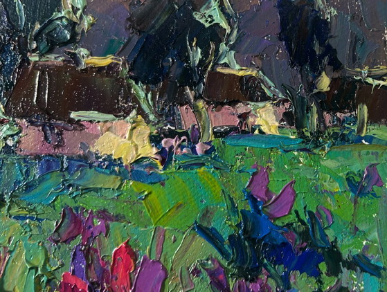 Image 1 of Original Oil Painting Night Village Landscape The first lilac over the field