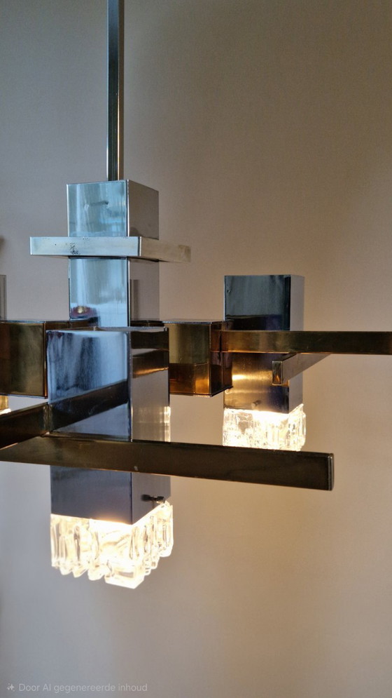 Image 1 of Vintage Italian design chandelier, Cubic, Gaetano Sciolari, chrome, brass, glass, 1970s