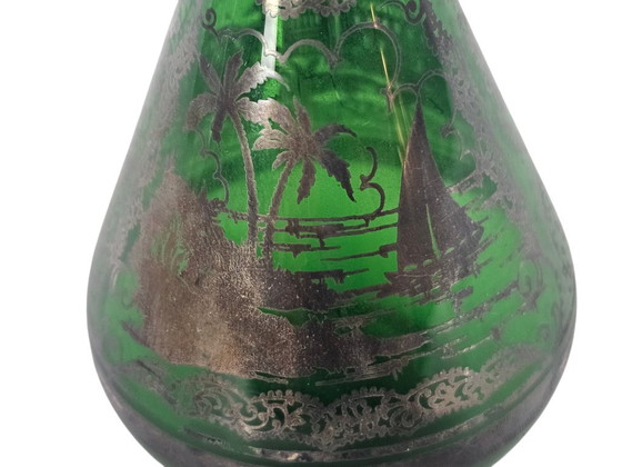 Image 1 of Vaasje - Groen - zilver overlay - handgeschilderd - Italie (San Remo) - 60's