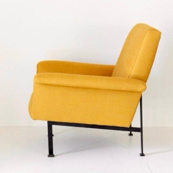1x Eclectic Mid-Century Modern Sculptural Armchair in Mustard Yellow Fabric, Cotton, Iron (photo 2 of 11)
