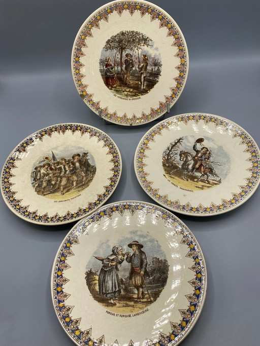 4 piatti in maiolica di Sarreguemines, scene bretoni, fine XIX secolo – decoratieve objecten