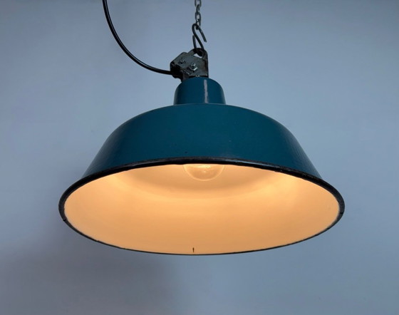 Image 1 of Industrial Petrol Enamel Factory Lamp with Cast Iron Top, 1960s