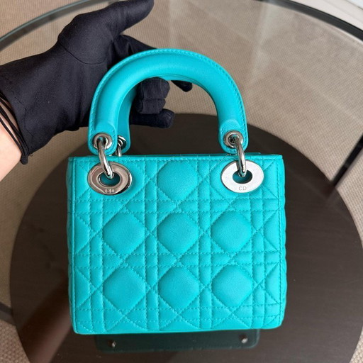 DIOR LADY MINI - CANNAGE LAMMLEDER CYANBLAU SILBERNE BESCHLÄGE VERSTELLBARER RIEMEN