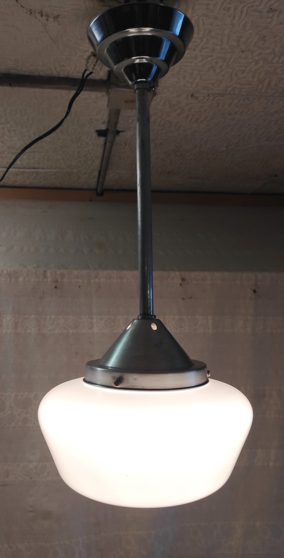 Image 1 of Bauhaus pendant light in metal and opaline glass globe - mid-20th century
