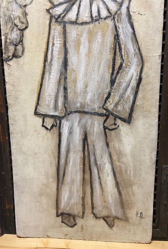 Image 1 of Antique Painting on Wooden Panel, Clown in the Style of Bernard Buffet, Double-Sided