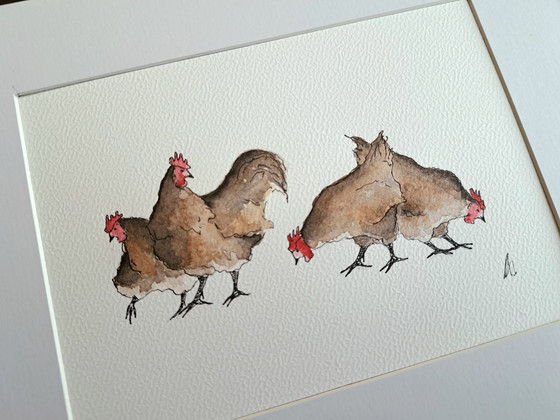 Image 1 of Watercolor original four chickens | Framed