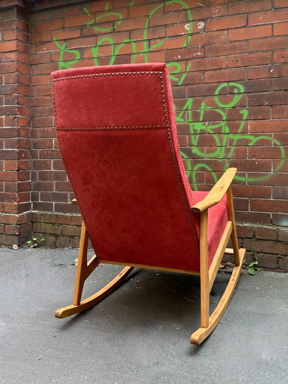 Sedia a dondolo vintage | Faggio e pelle nabuk rossa – Sedie a dondolo, Wood, Leather (photo 4 of 6)