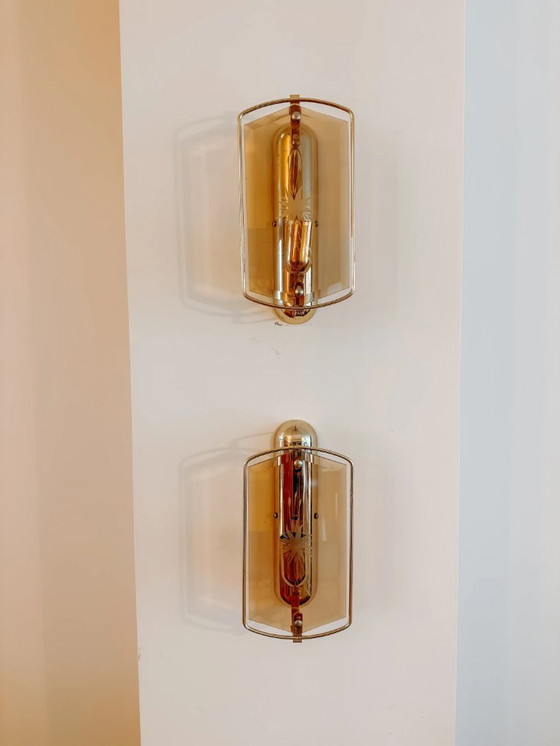Image 1 of Vintage glass brass wall lamps, set of 2